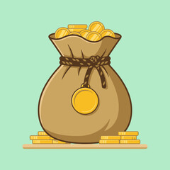 A brown fabric sack filled with shiny golden coins on display © Xandra