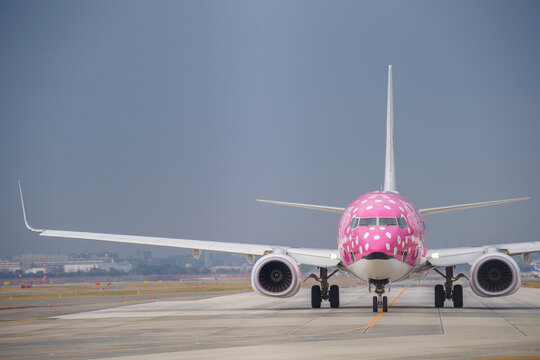 Fukuoka, Japan - February 16, 2019: A Japan Transocean Air (JTA) Boeing 737-800 (Registration JA06RK) in special "Sakura Jinbei Jet" livery taxiing at Fukuoka Airport.