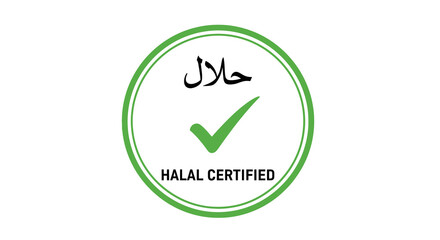 Obraz premium Circular Green Halal Certified Label Icon for Food Packaging with Arabic Calligraphy and Checklist Sign, Religious Diet Symbol for Ramadan Product Compliance and Quality Assurance Emblem