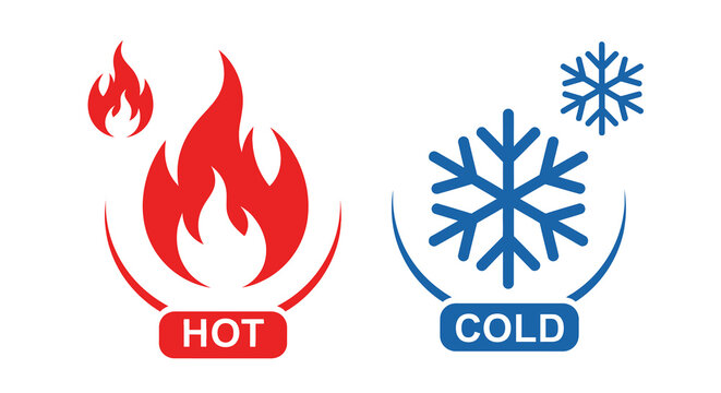 Hot and cold icon set featuring flaming red fire heat symbol and blue freezing ice crystal for climate control, temperature regulation, weather forecasting, and thermal energy measurement