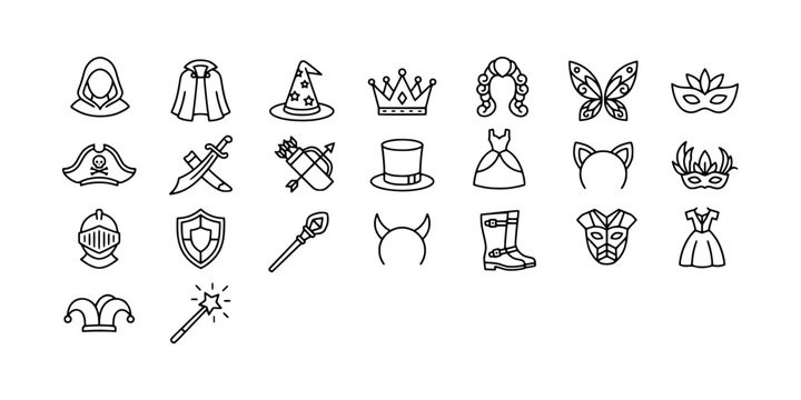 Icon set collection of fantasy, medieval, and masquerade costumes, accessories, armor, magical items, and festive masks in linear style.