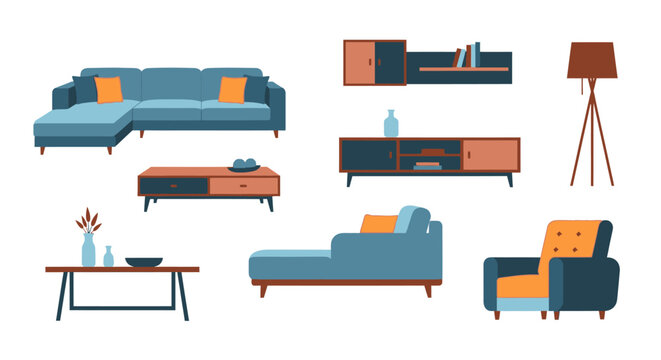 Modern Living Room Furniture Set: Sofa, Armchair, Tables, Shelves, Lamp