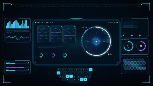 Futuristic HUD interface with radar display data graphs and glowing technology control panel