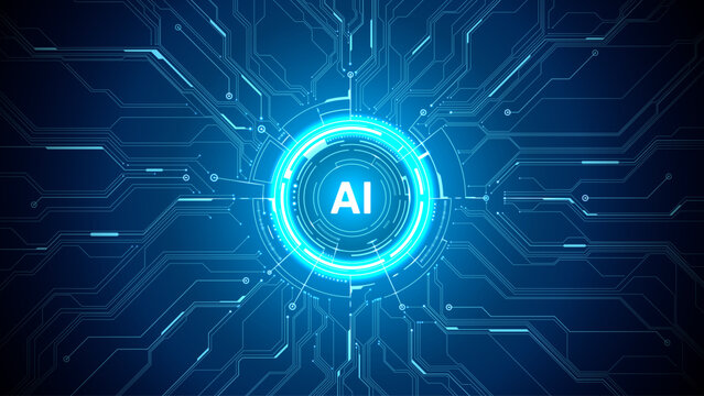 Central AI symbol within luminous HUD graphic, surrounded by digital circuit lines and abstract technology pattern. Futuristic vector background for tech branding, innovation, data, automation.
