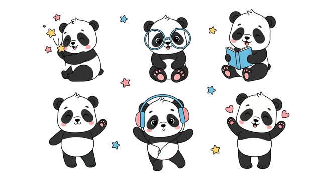 Cute Panda Bear Set with Various Activities, Adorable Cartoon Vector