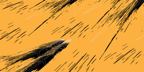 Abstract dynamic speed lines with grunge brush strokes and tire track elements in black on orange background, creating a fast motion effect. © Hery