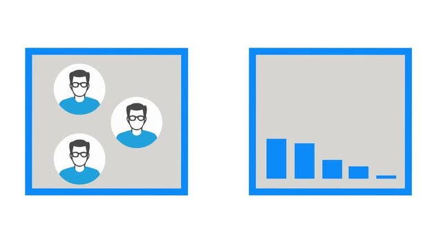 Business infographic animation of team growth avatar and dynamic statistical bar chart on white background. Loop animation of corporate human resources analytics and financial growth trend.