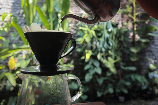 Hand pouring hot water for pour-over coffee brewing with tropical plants on the background