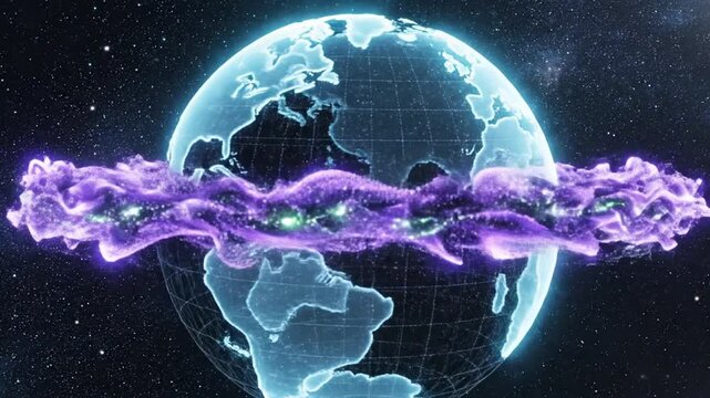 Earth globe features a glowing purple energy ring circling the equator against a dark space background.
