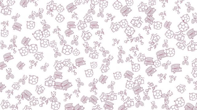 An engaging animated background featuring various line art icons like books, scissors, soccer balls, houses, and musical notes in a repeating pattern. Ideal for educational or playful themed projects.