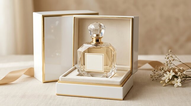 Perfume bottle rests inside an open white and gold container showcasing a high-end luxury retail presentation.