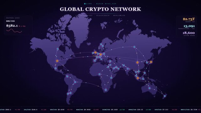 Cryptocurrency blockchain network with glowing nodes connecting across global digital world map