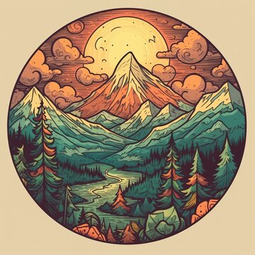 A scenic mountain landscape sticker illustration.