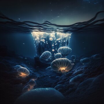 Multiple bioluminescent jellyfish ascending from the depths of the dark ocean