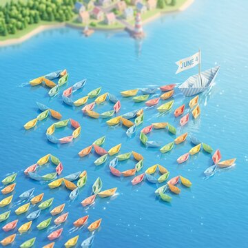Isometric 3D Render of Origami Paper Boat Fleet on Calm Water Arranged as &ldquo;Audacity to Hope Day&rdquo; with Lead Boat Flag Reading &ldquo;June 4&rdquo;

