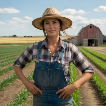 Retrato de mujer agricultora con sombrero de paja y peto vaquero de pie en un campo de cultivo con un granero al fondo