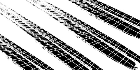 Abstract black and white grunge tire track pattern with diagonal lines and textured road marks on a light background. © Hery