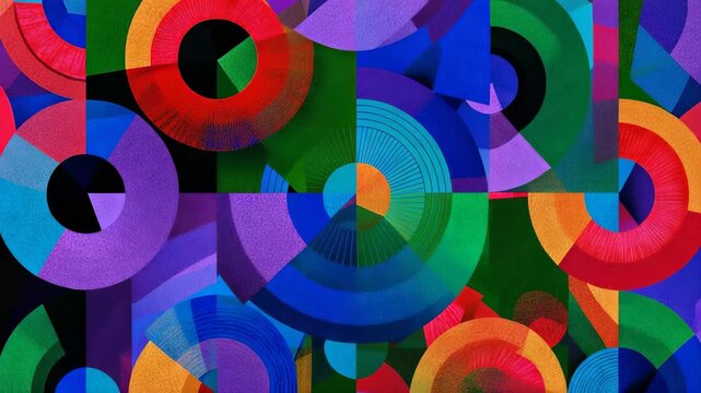 Colorful geometric shapes create an abstract design on a flat surface in a man-made setting during daytime