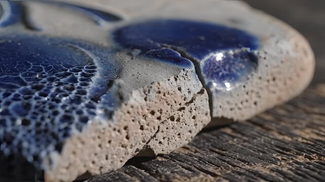 Closeup Macro Shot of Cracked Blue Glazed Ceramic Fragment with Porous Texture.