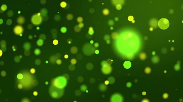 Green bokeh nature background loop, soft green circular lights drifting on deep forest green, organic spring atmosphere, seamless nature overlay video for eco and wellness brands.