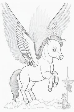 A majestic pegasus with wings spread wide, perfect for imaginative fantasy colouring.