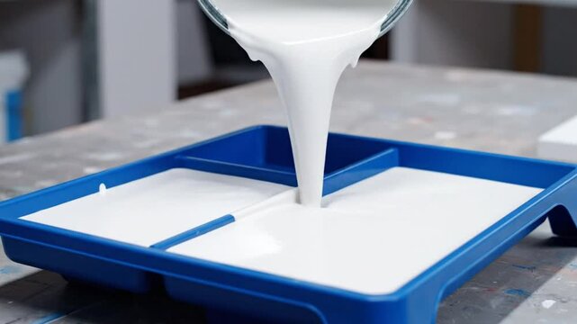 Pouring white paint into a blue tray from a metal can, filling up the divided compartments for home improvement