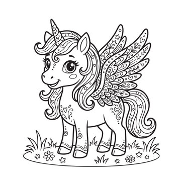 Unicorn Coloring Page with Cute Pegasus and Floral Details