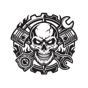 Skull and mechanical engine parts emblem illustration.