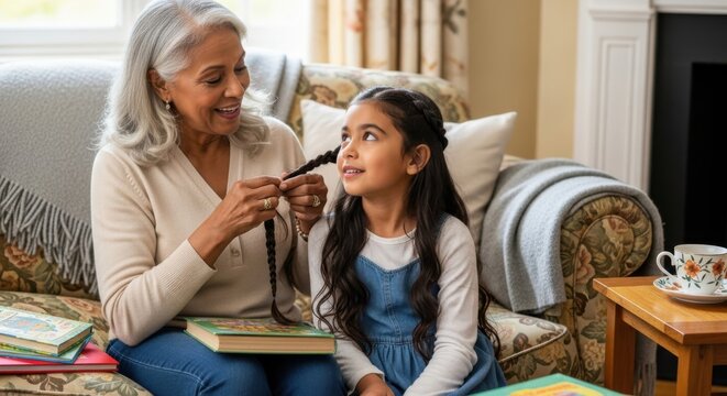 Grandmother lovingly braids her granddaughter s long dark hair on a sofa