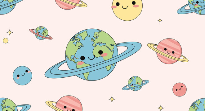 Cartoon planets with smiling faces floating.
