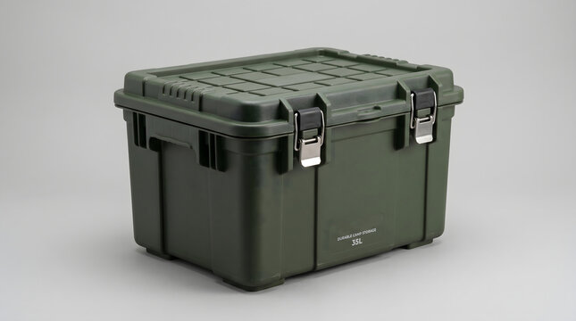 Compact camp storage crate isolated on clean neutral background for outdoor organization
