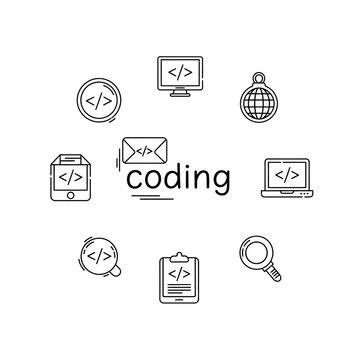Coding symbols and computer icons.
