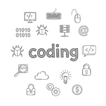 Coding symbols and icons illustration.