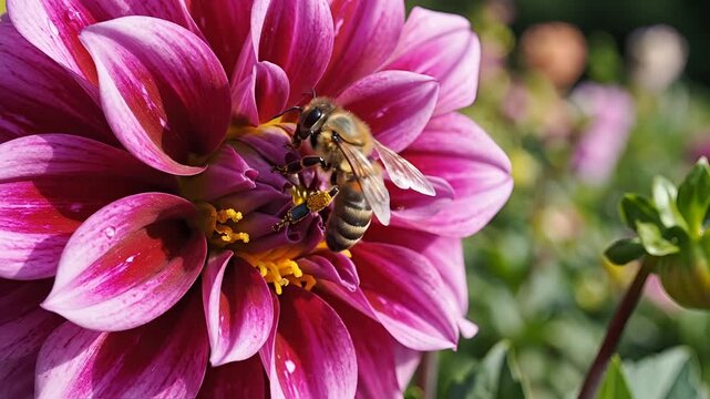 Closeup of a bee collecting nectar from a vibrant pink dahlia flower.