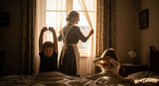 Mother opens curtains as children wake up in a sunlit bedroom