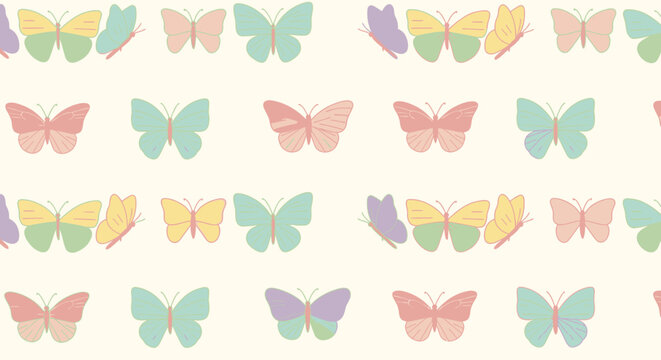 Colorful butterflies in various pastel hues.
