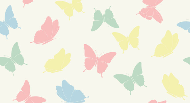 Colorful butterflies in various pastel shades.