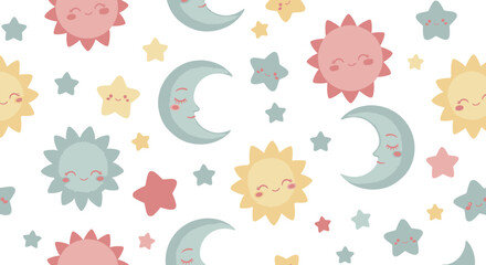 Fototapeta premium Colorful cartoon sun moon stars.