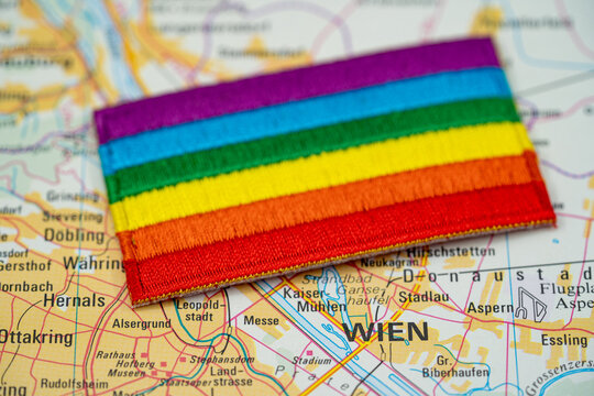 Close up of Vienna map with rainbow pride flag.