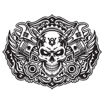 Vintage Mechanical Skull Emblem with V8 Engine Pistons and Spark Plugs.