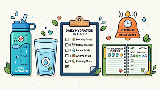 Daily hydration tracker checklist with water bottle and glass for healthy lifestyle and wellness habits