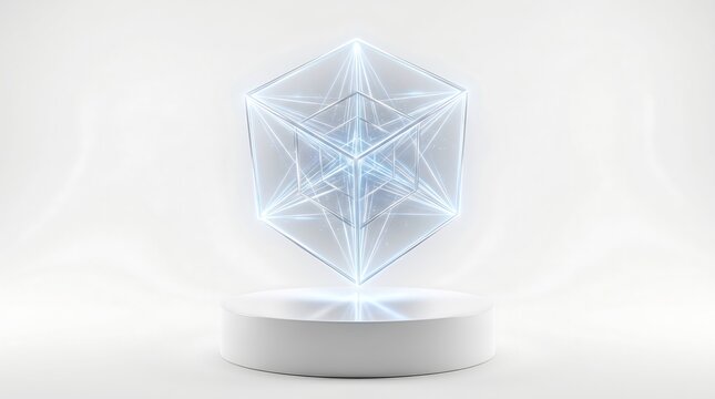 Clean presentation of futuristic geometric platform prototype showcasing glowing blue and white digital vector tracking.