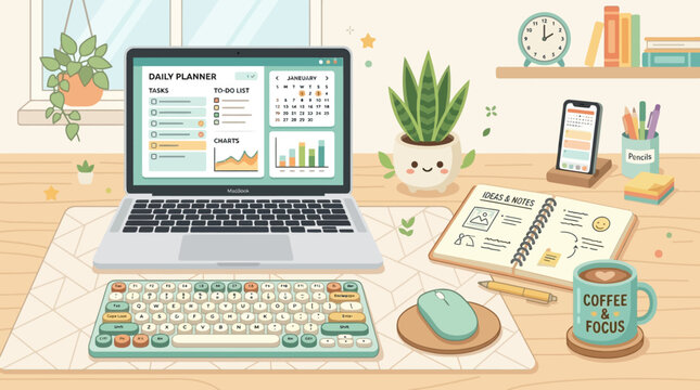 Desktop workspace featuring a laptop with daily planner software and cute stationery in a cozy room