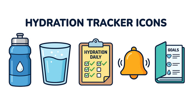 Hydration tracker icons set featuring water bottle glass checklist notification bell and goal planning diary
