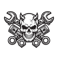 Fototapeta premium Vintage skull with devil horns and crossed mechanical engine parts for biker club emblem.