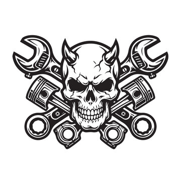 Vintage skull with devil horns and crossed mechanical engine parts for biker club emblem.
