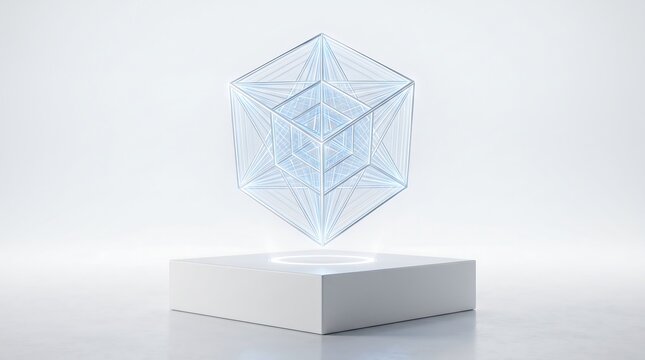 Crystal clear studio photo of a white pedestal displaying a 3D holographic tesseract endlessly folding.