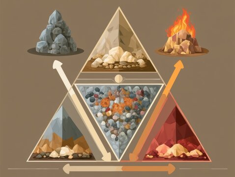 Flat educational infographic displaying the rock cycle with igneous sedimentary and metamorphic rock types in a triangular arrangement.