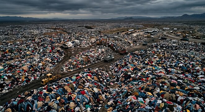 Massive piles of discarded textiles in a landfill representing the environmental impact of fast fashion