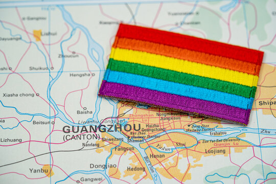Close up of Guangzhou map with rainbow pride flag.